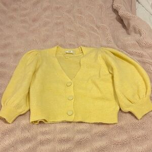 Mango Pale Yellow Puff-Sleeve Cropped Cardigan
